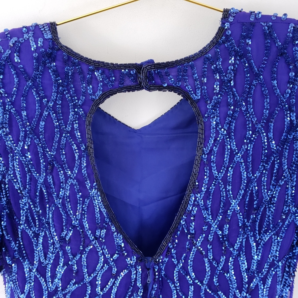 Vintage Blue Sequined Silk Keyhole Shift Dress M - Picture 4 of 6
